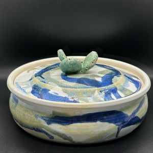 Studio Art ceramic bowl with lid drip glaze signed